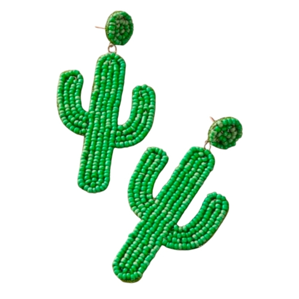 NWT Green Beaded Cactus Earrings Thee Inches